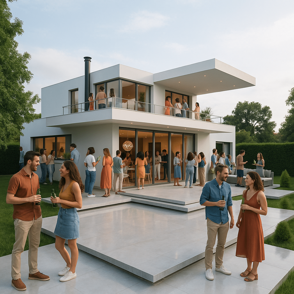 remove the sign and add a party with many people around the house